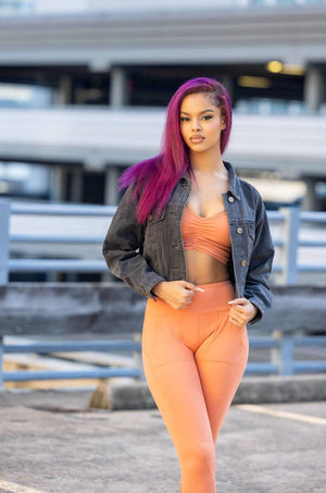 Raw & Ribbed Crop Denim Jacket (black) - Amira Fit