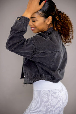 Raw & Ribbed Crop Denim Jacket (black) - Amira Fit