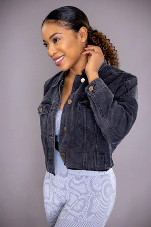 Raw & Ribbed Crop Denim Jacket (black) - Amira Fit