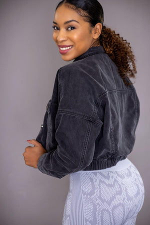 Raw & Ribbed Crop Denim Jacket (black) - Amira Fit