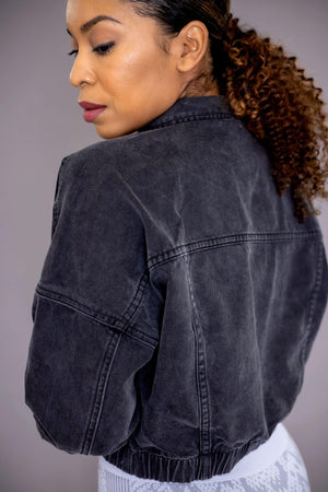 Raw & Ribbed Crop Denim Jacket (black) - Amira Fit