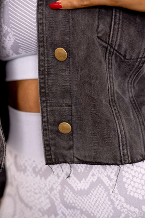 Raw & Ribbed Crop Denim Jacket (black) - Amira Fit