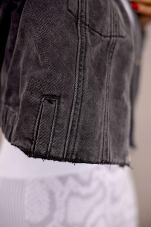 Raw & Ribbed Crop Denim Jacket (black) - Amira Fit