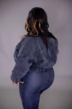 Raw & Ribbed Crop Denim Jacket (black) - Amira Fit